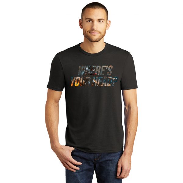 man in black tshirt with a baseball themed graphic and where's your head logo