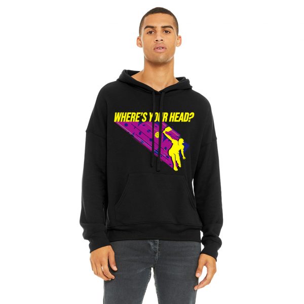 Man in black hoodie pickleball themed with Where's Your Head? logo