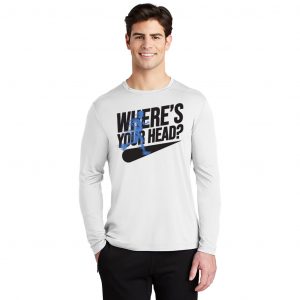 Man in long sleeve white shirt with a runner themed logo shirt