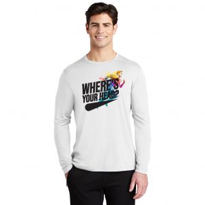 Man in long sleeve white crew neck shirt with Runner and WYH logo