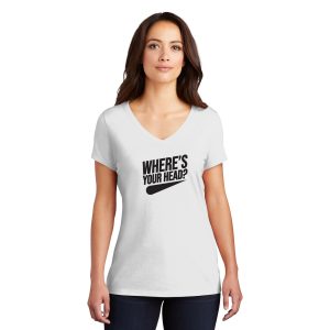 woman with v-neck tshirt with Where's Your Head? logo