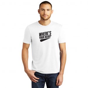 man in logo'd white short sleeve Tshirt with Where's Your Head? logo