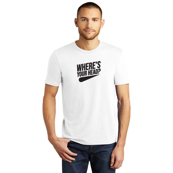 man in logo'd white short sleeve Tshirt with Where's Your Head? logo