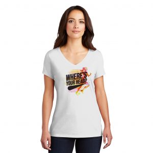 women in v-neck white short sleeve logo'd shirt that is runner themed