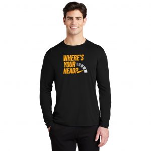 young man with long sleeve black logo'd tshirt with Where's Your Head? and a speedometer