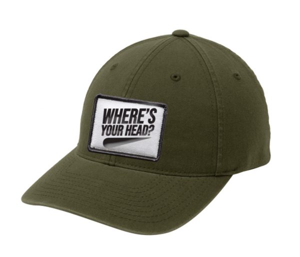 army green baseball cap with embroidered patch where's your head