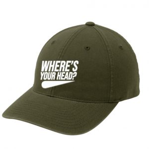 green cap with screen printed logo where's your head