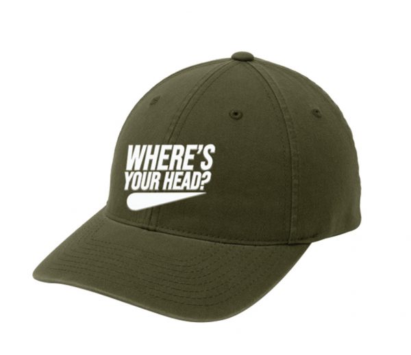 green cap with screen printed logo where's your head