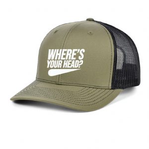 snap back trucker hat in army green and black with Wheres Your Head? logo