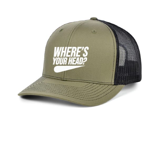 snap back trucker hat in army green and black with Wheres Your Head? logo